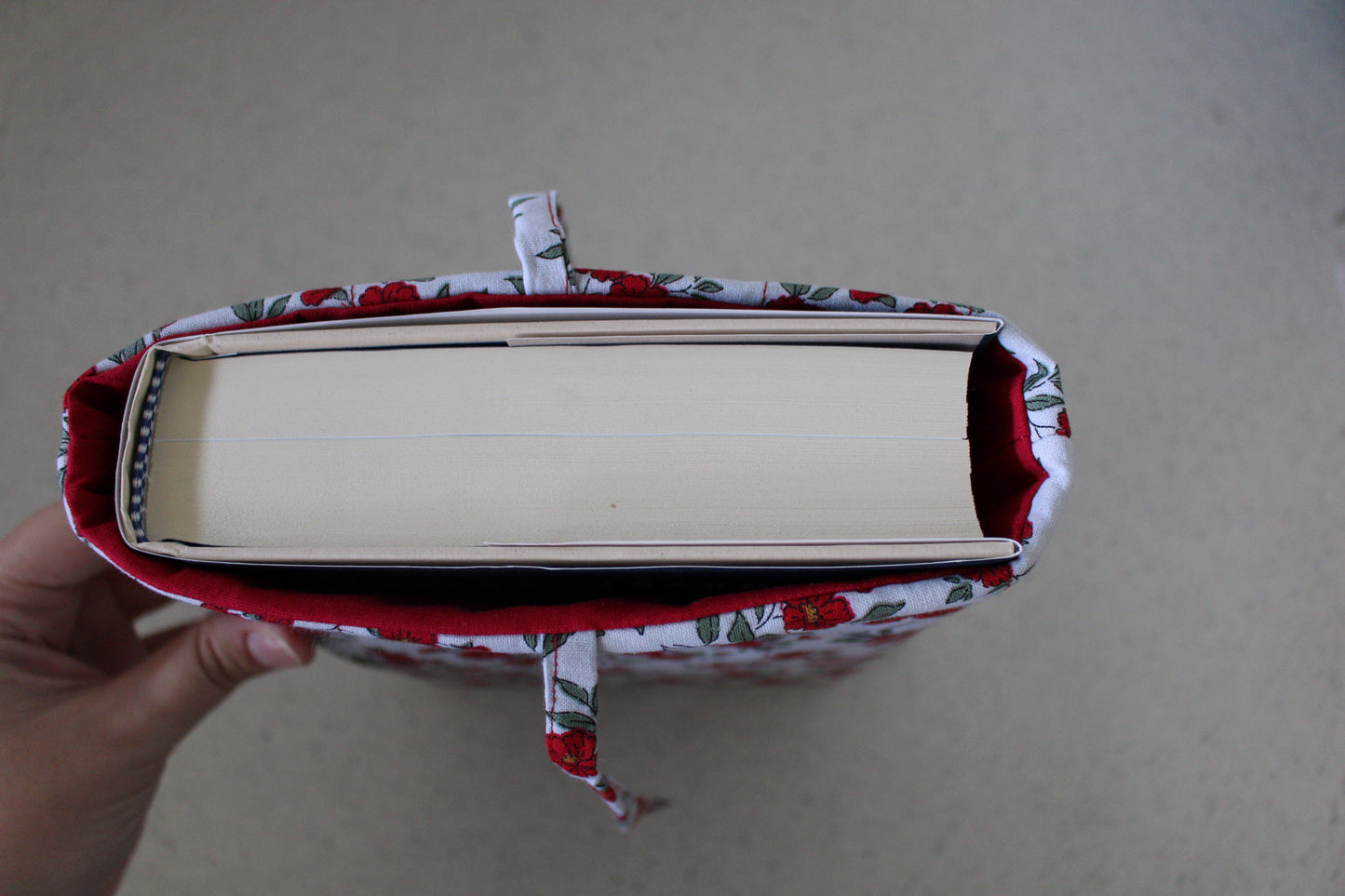 handmade cotton book sleeve grey red flower