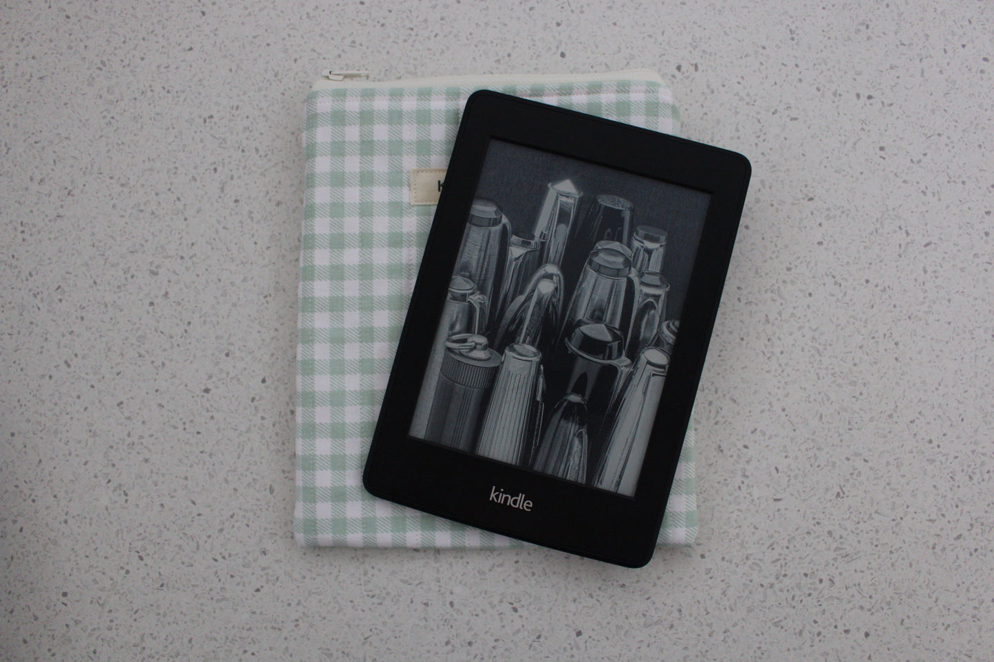 handmade cotton kindle pouch green white gingham