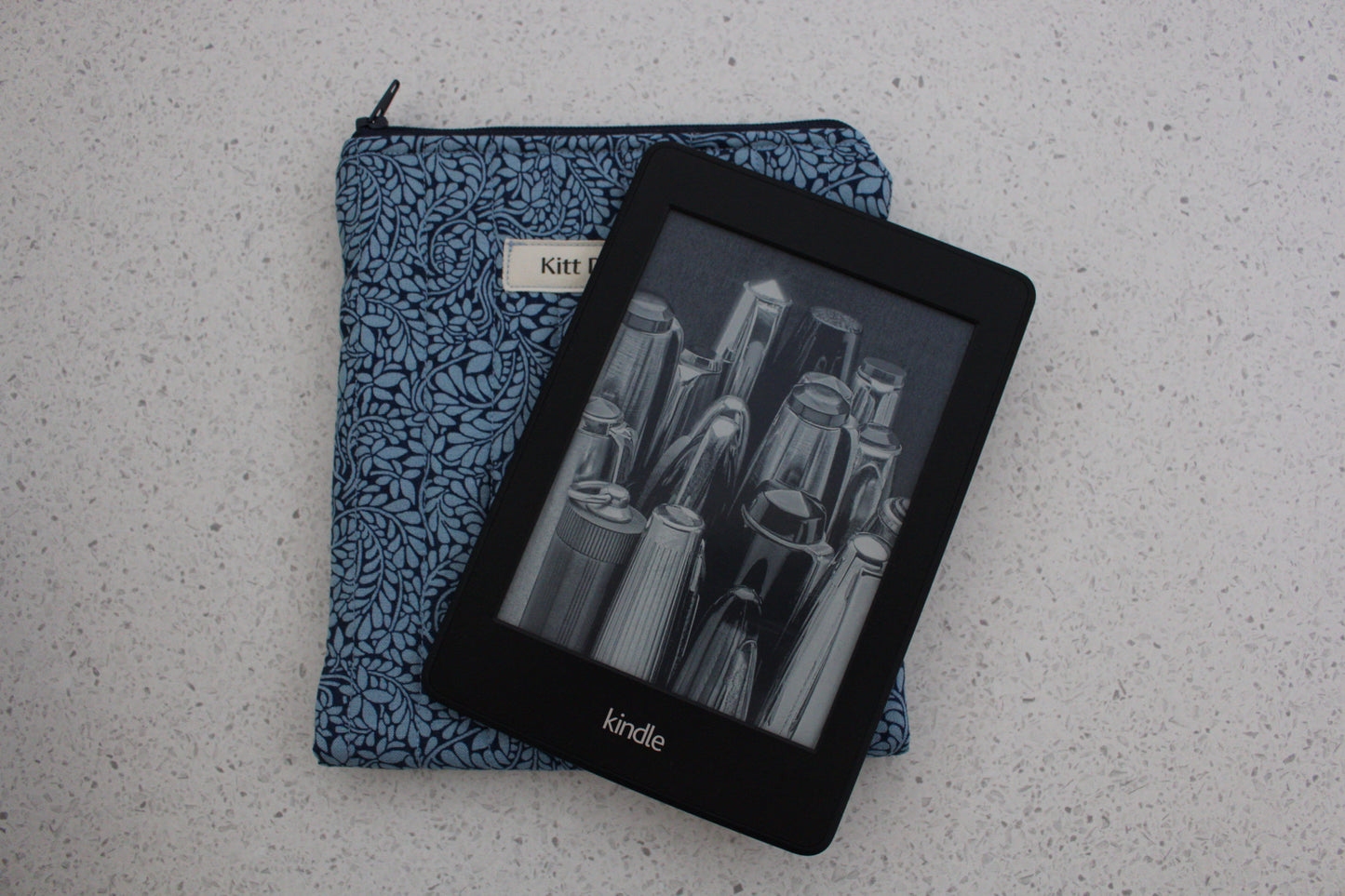 handmade cotton kindle pouch blue navy leaf