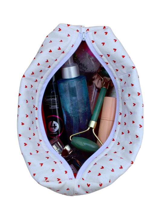 handmade cotton travel pouch white hearts