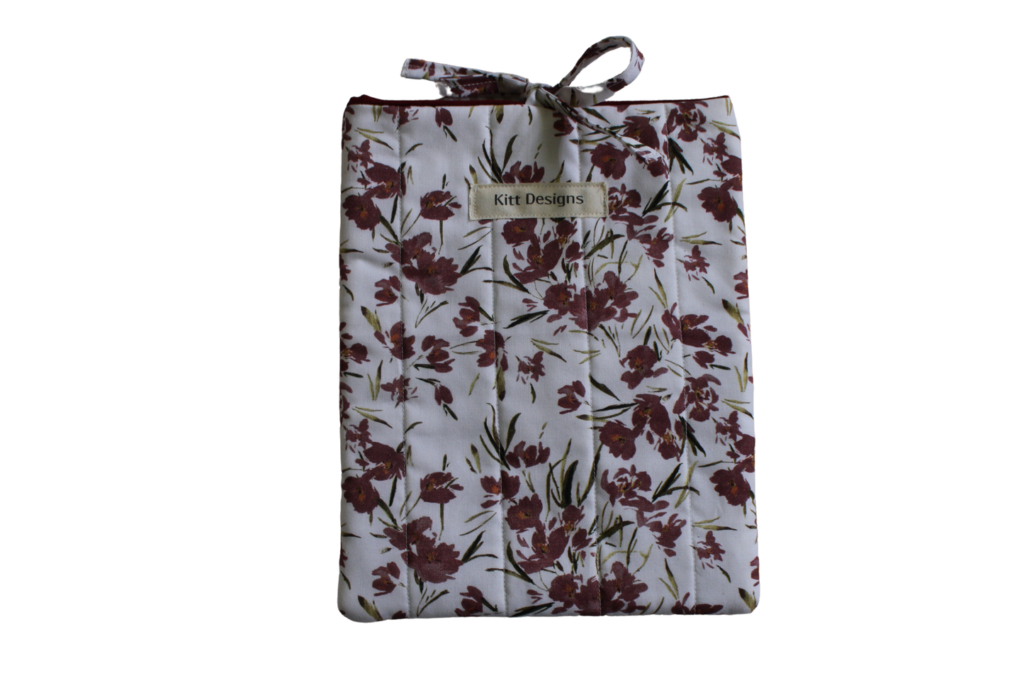 handmade cotton small book sleeve tie white flowers maroon