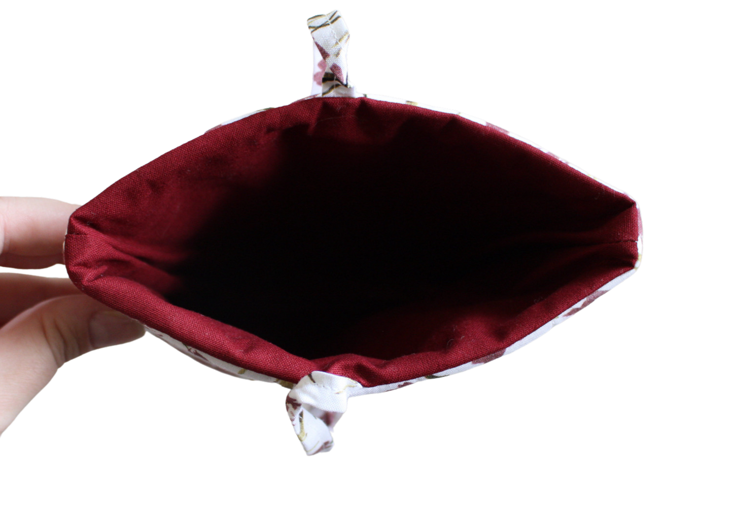 handmade cotton small book sleeve tie white flowers maroon