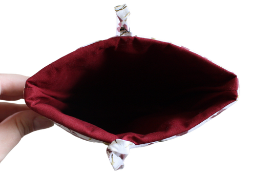 handmade cotton small book sleeve tie white flowers maroon