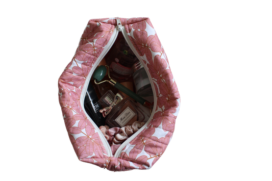 handmade cotton travel pouch pink white leaf