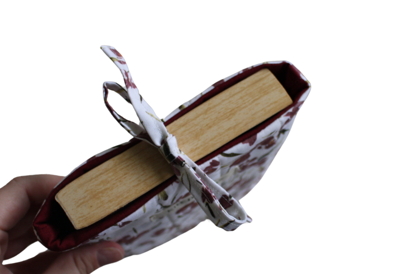 handmade cotton small book sleeve tie white flowers maroon