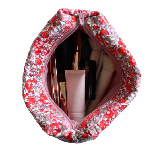 handmade cotton beauty pouch pink red flower makeup