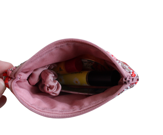 handmade cotton coin pouch red pink flower