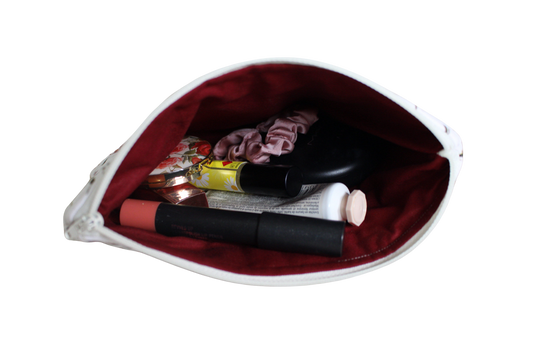 handmade cotton zipper pouch maroon flowers white