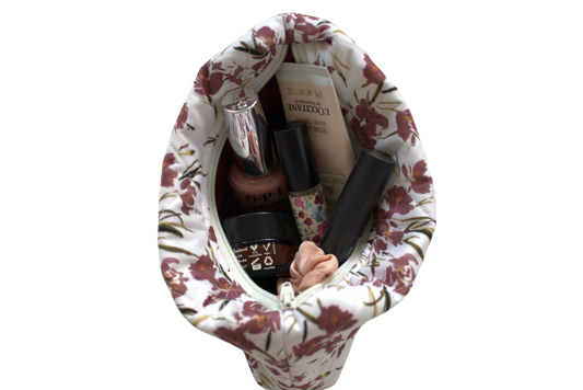 handmade cotton mini pouch white maroon flowers