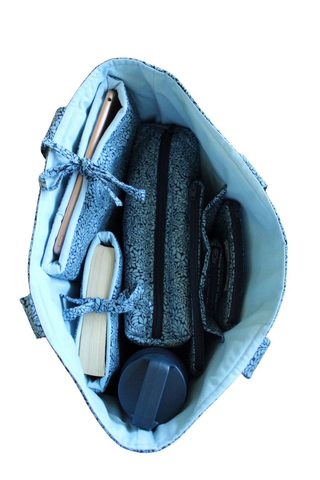 handmade cotton tote bag blue navy leaf