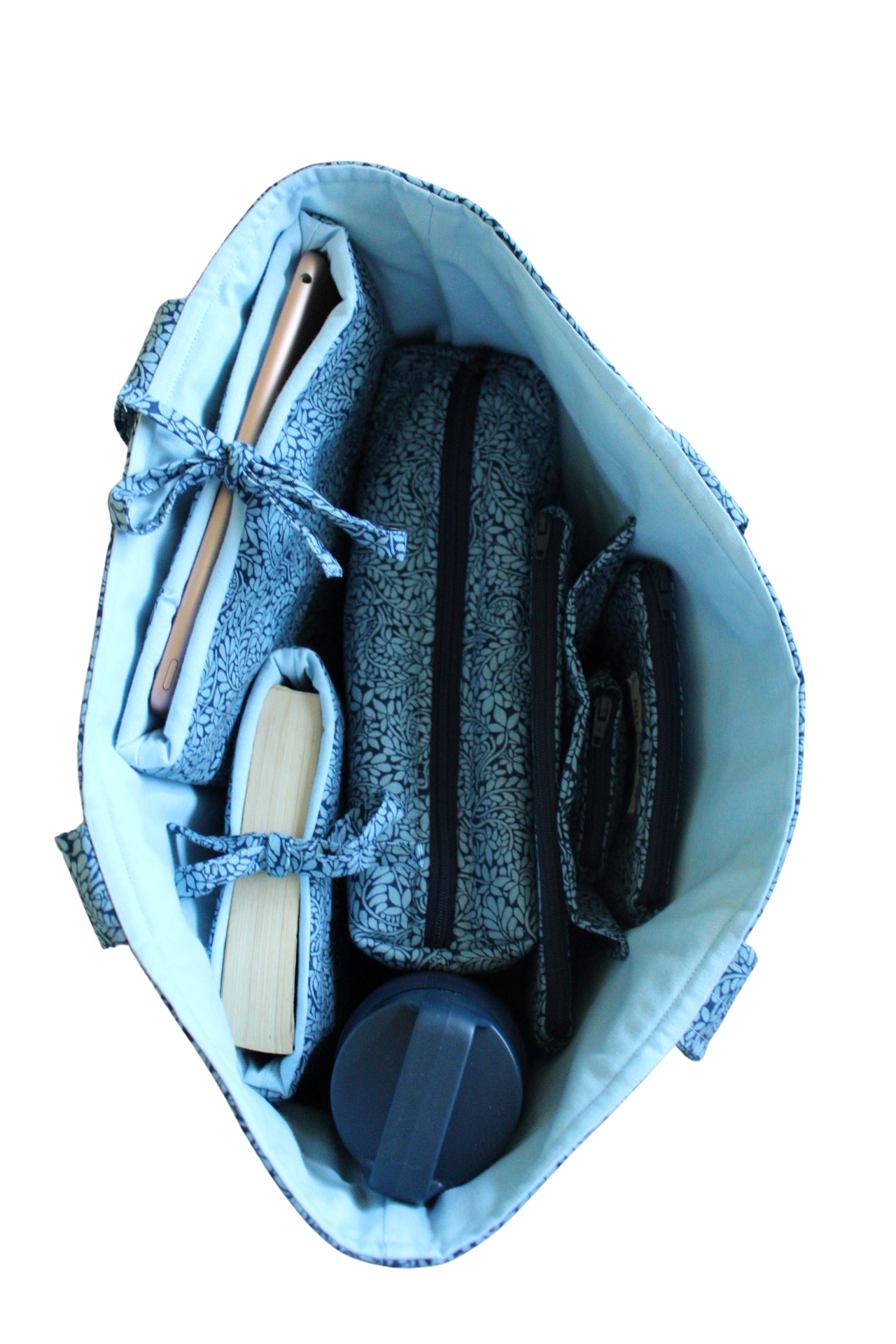handmade cotton tote bag blue navy leaf