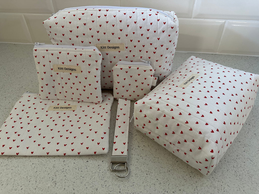 handmade cotton travel pouch white hearts beauty pouch coin pouch zipper pouch AirPod pouch key wristlet