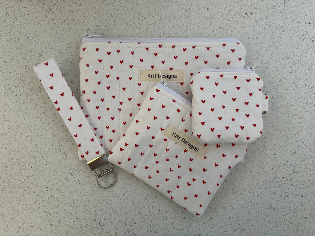 handmade cotton zipper pouch white hearts AirPod pouch coin pouch key wristlet