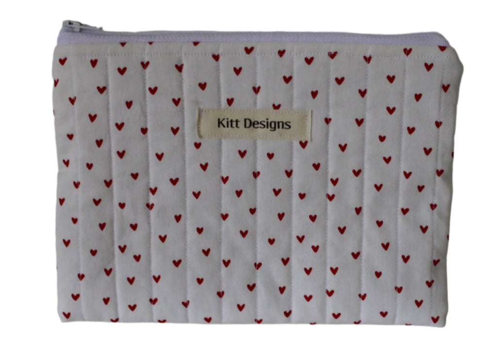 handmade cotton zipper pouch white hearts 