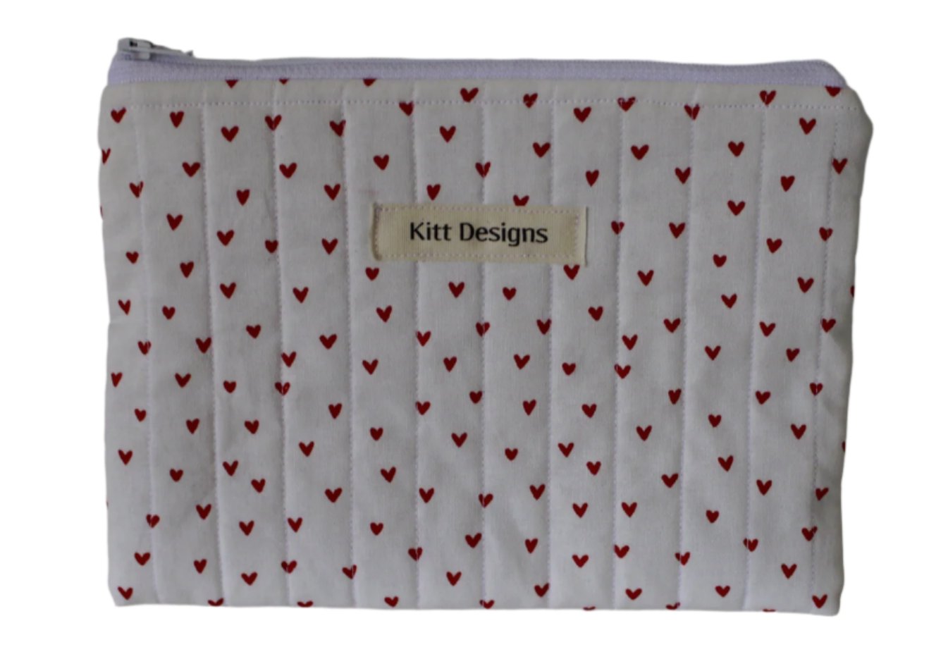 handmade cotton zipper pouch white hearts 
