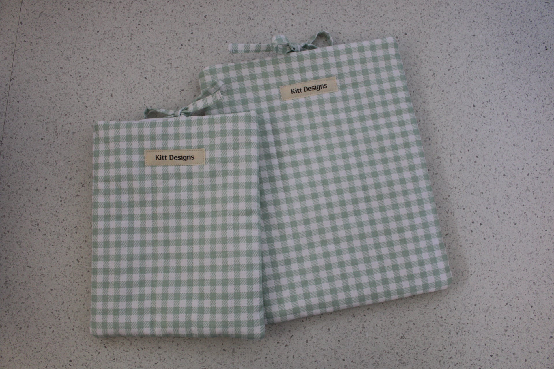 handmade cotton small book sleeve green gingham white