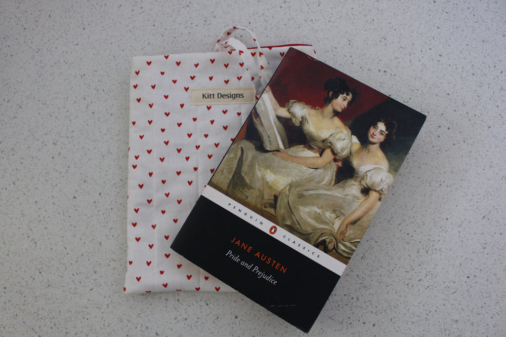 handmade cotton small book sleeve white heart pride and prejudice 