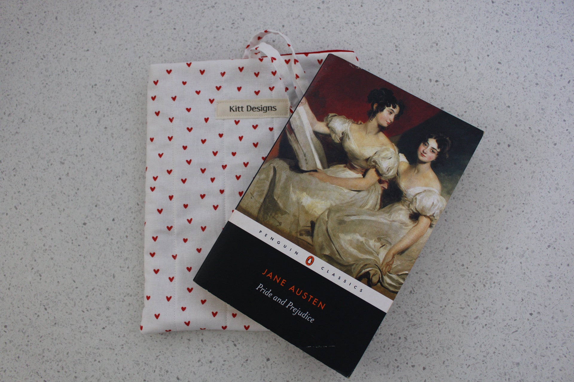 handmade cotton small book sleeve white heart pride and prejudice 