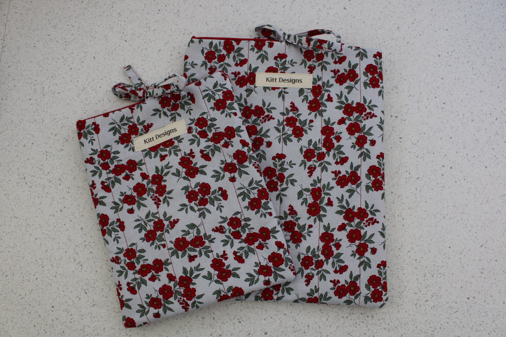 handmade cotton book sleeve grey red flower 