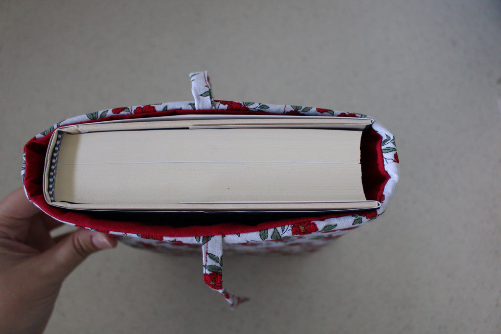 handmade cotton book sleeve grey red flower 