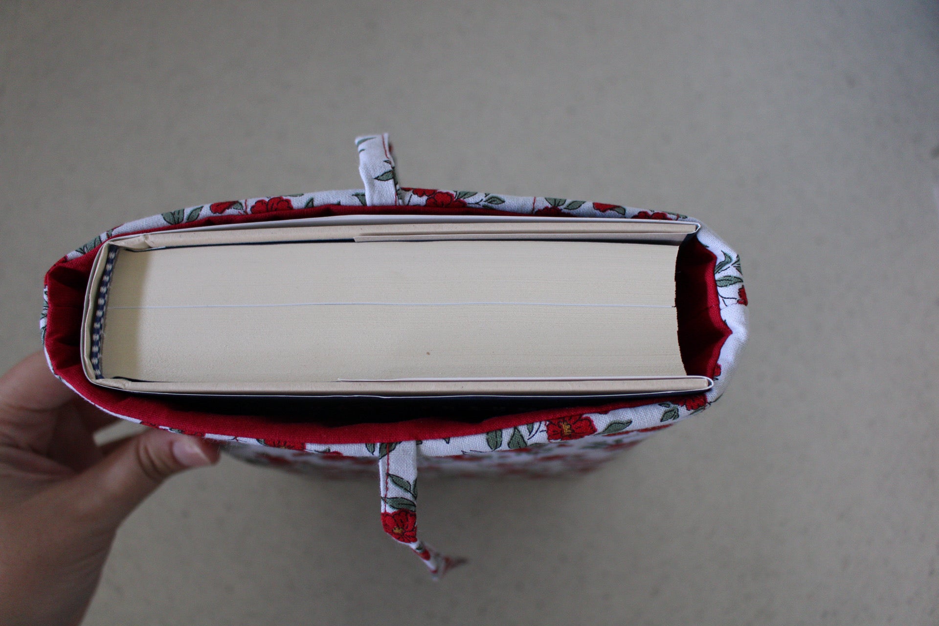 handmade cotton book sleeve grey red flower 