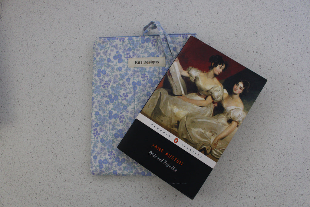 handmade cotton small book sleeve blue flower pride and prejudice 