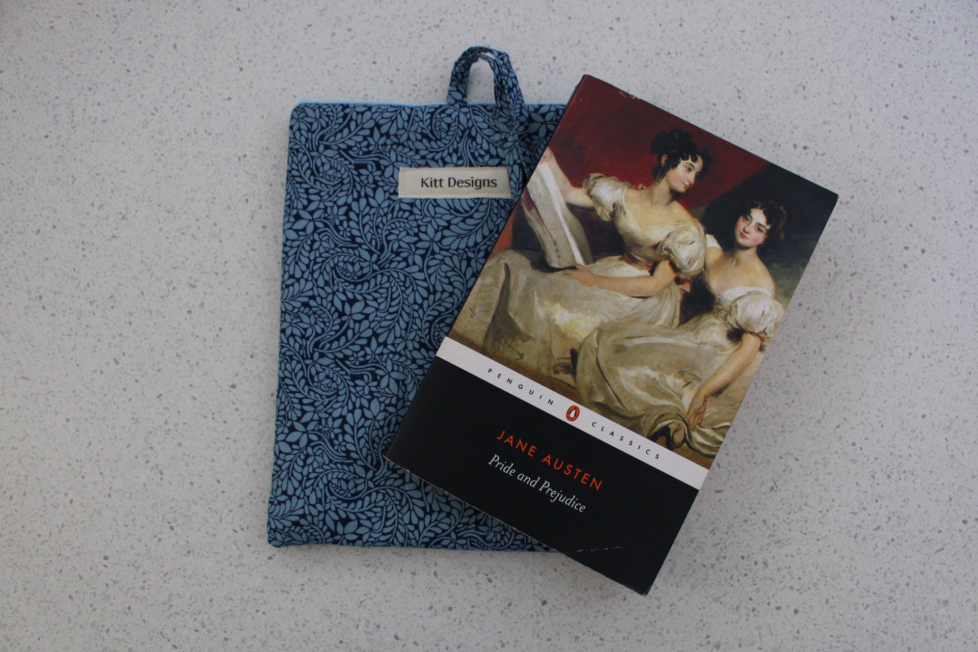 handmade cotton small book sleeve blue navy leaf pride and prejudice 