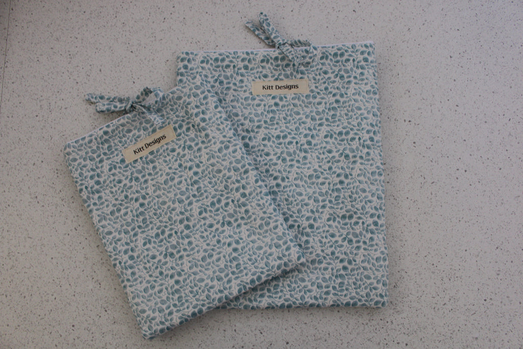 handmade cotton small book sleeve white blue leaf