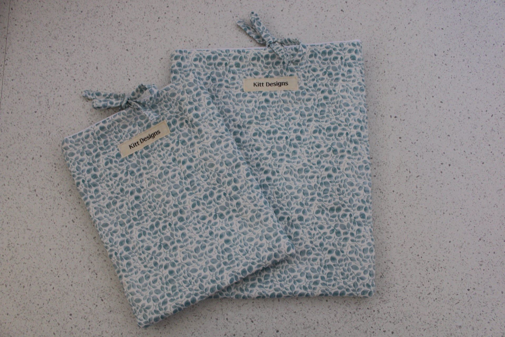 handmade cotton small book sleeve white blue leaf