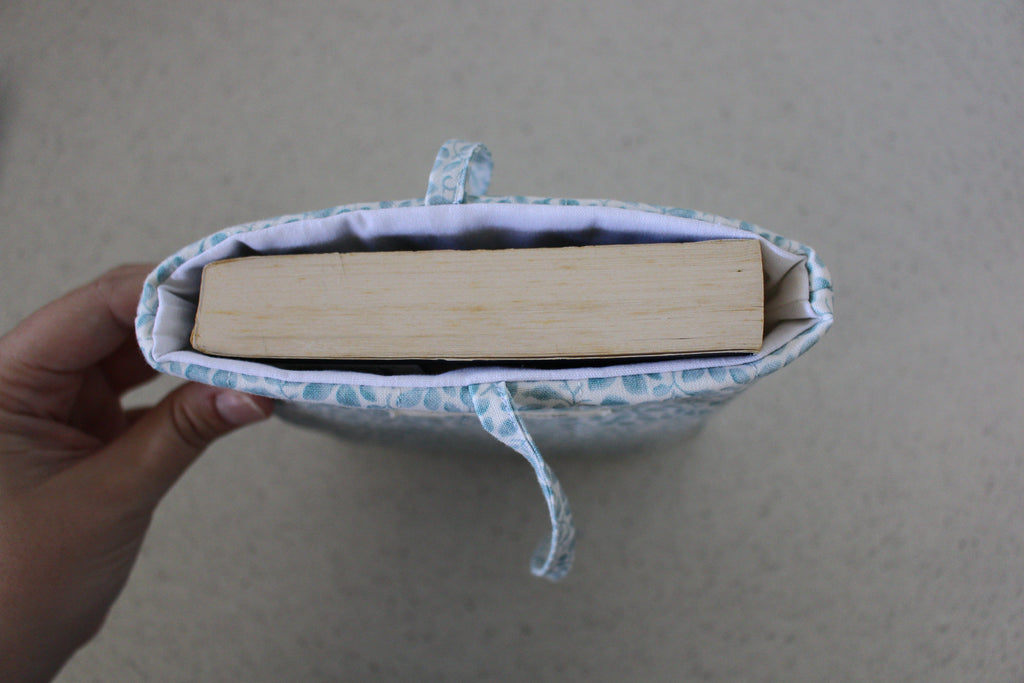 handmade cotton small book sleeve white blue leaf