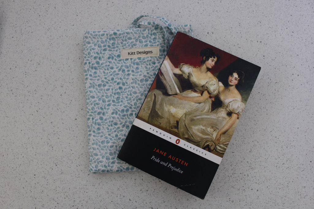 handmade cotton small book sleeve white blue leaf pride and prejudice