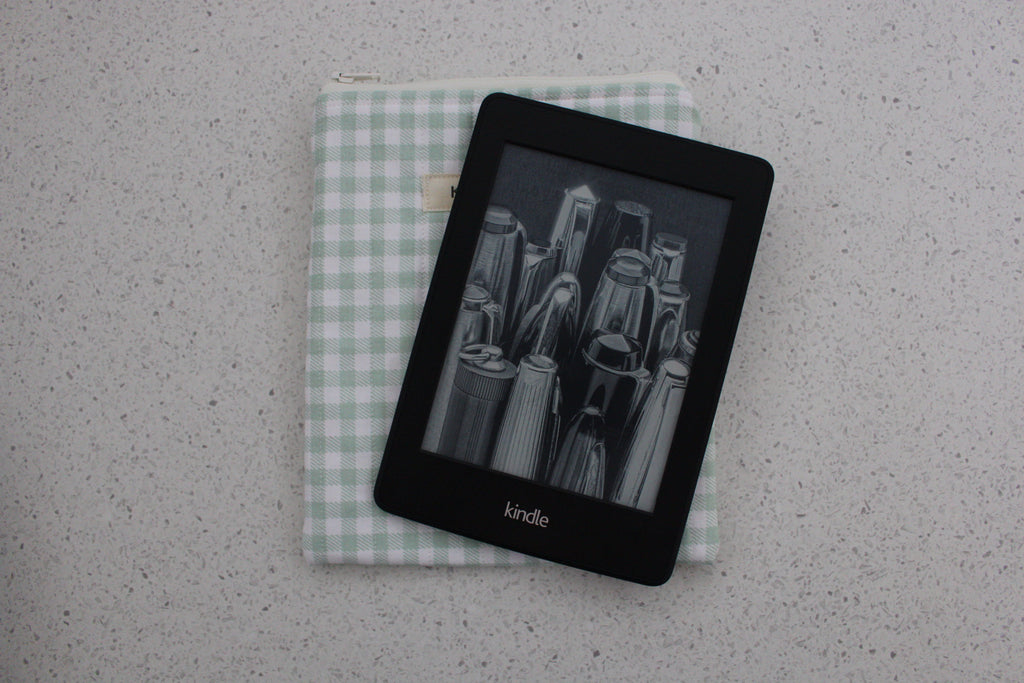 handmade cotton kindle pouch green white gingham