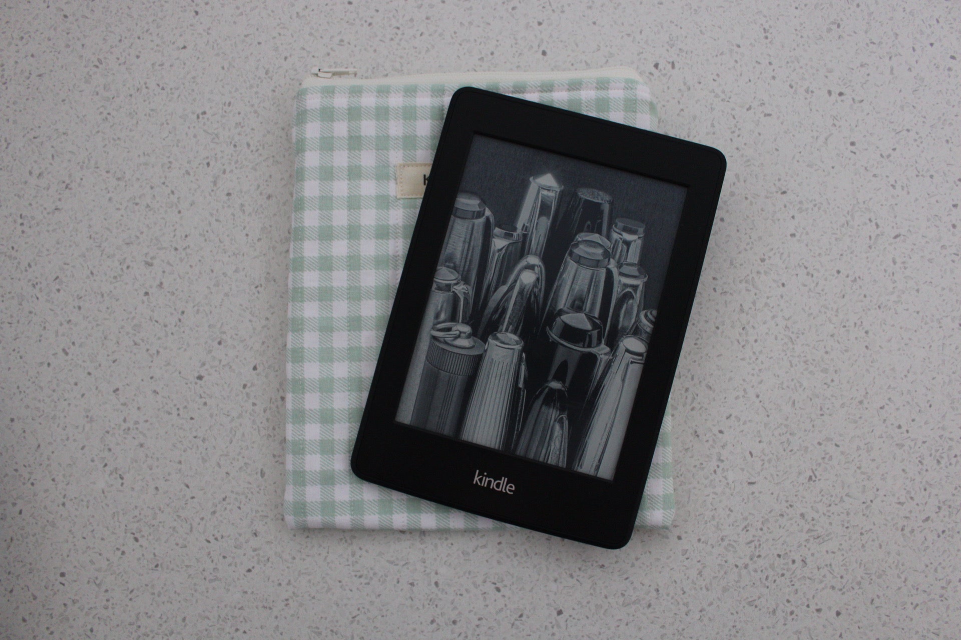 handmade cotton kindle pouch green white gingham