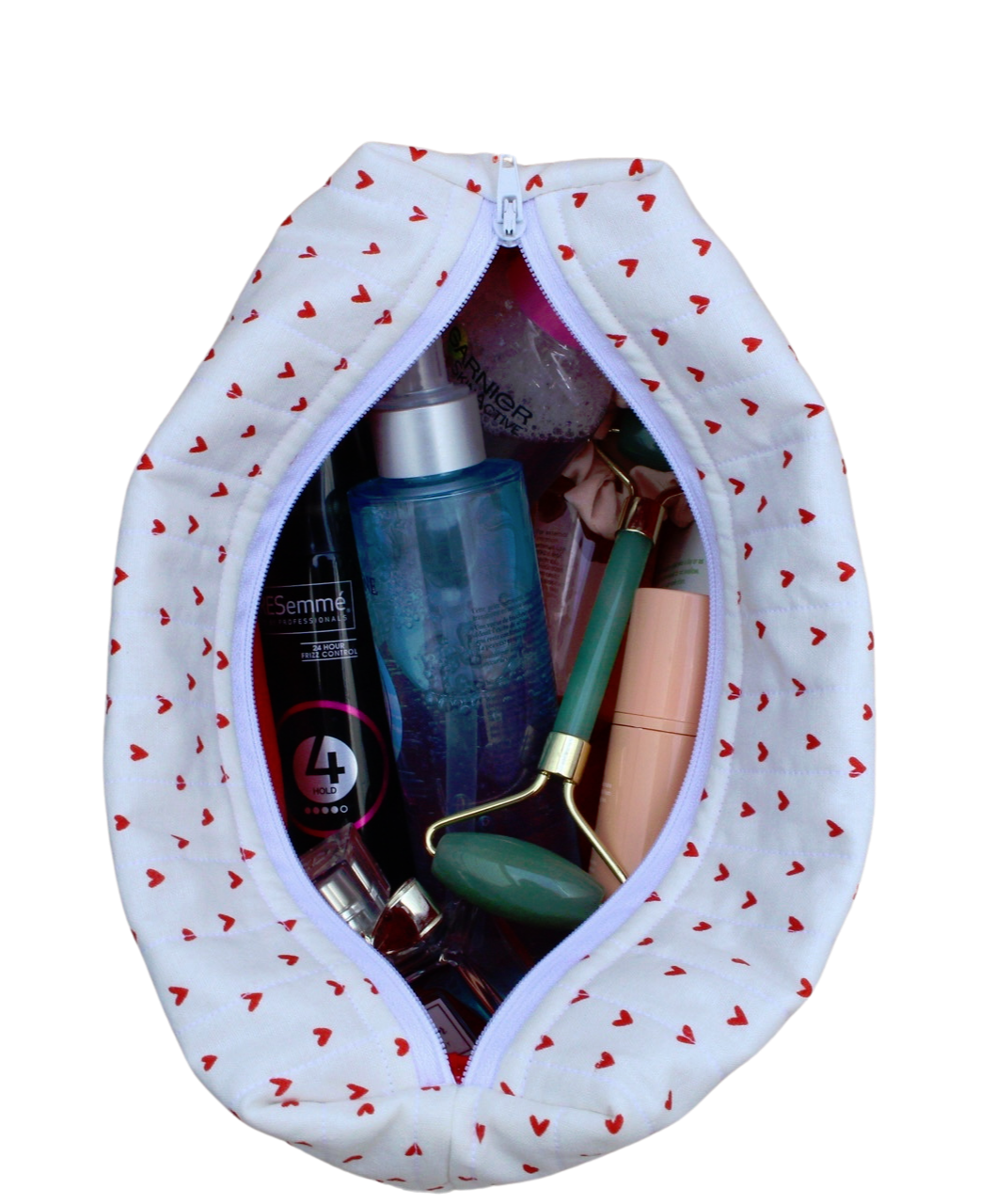 handmade cotton travel pouch white hearts