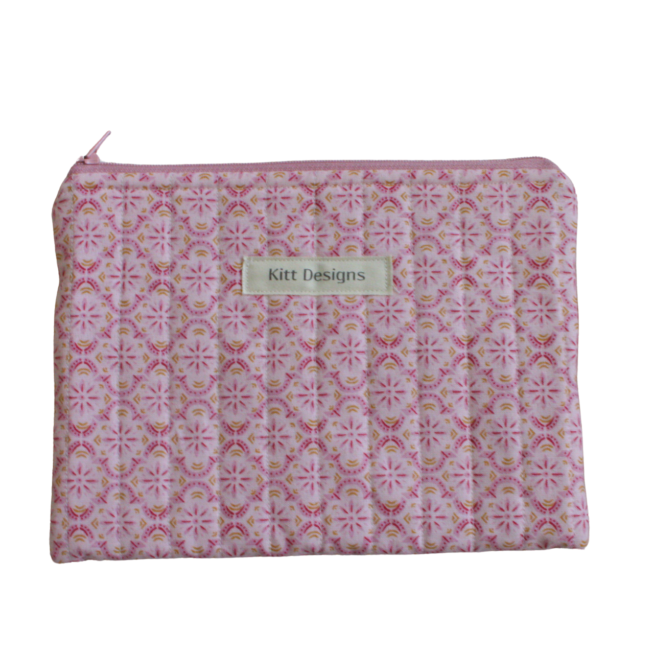 Pink patterned pouch with a brand label zipper pouch