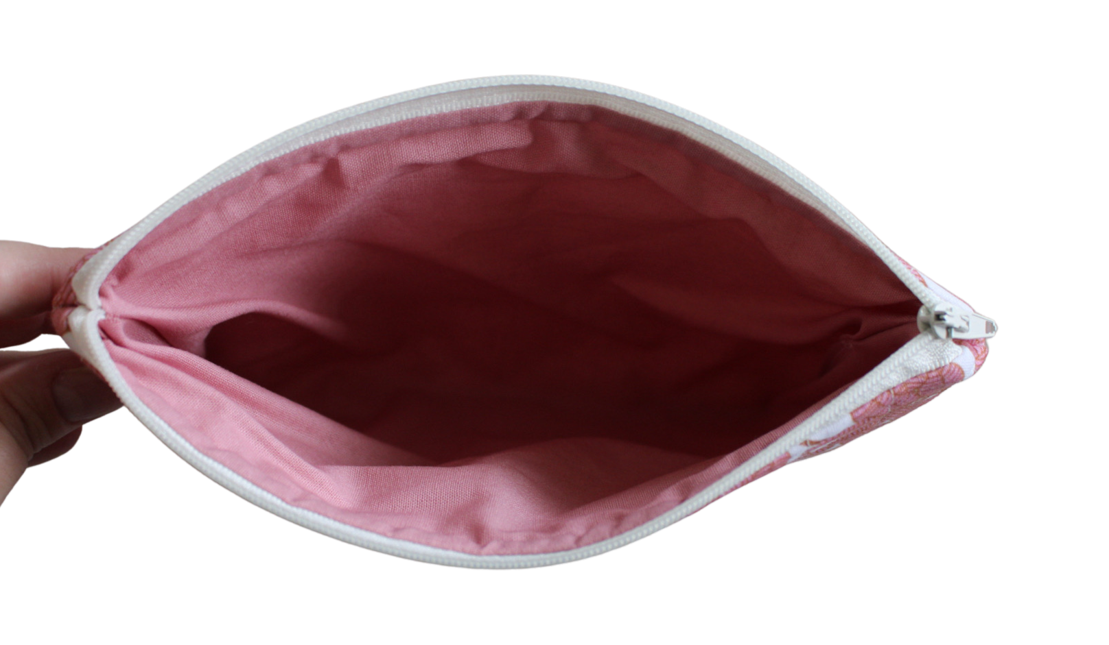 handmade cotton zipper pouch pink white leaf