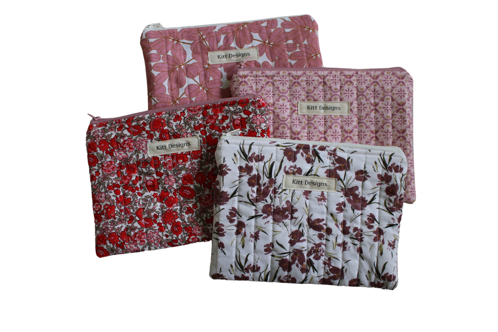 handmade cotton zipper pouch maroon flowers white pink red 