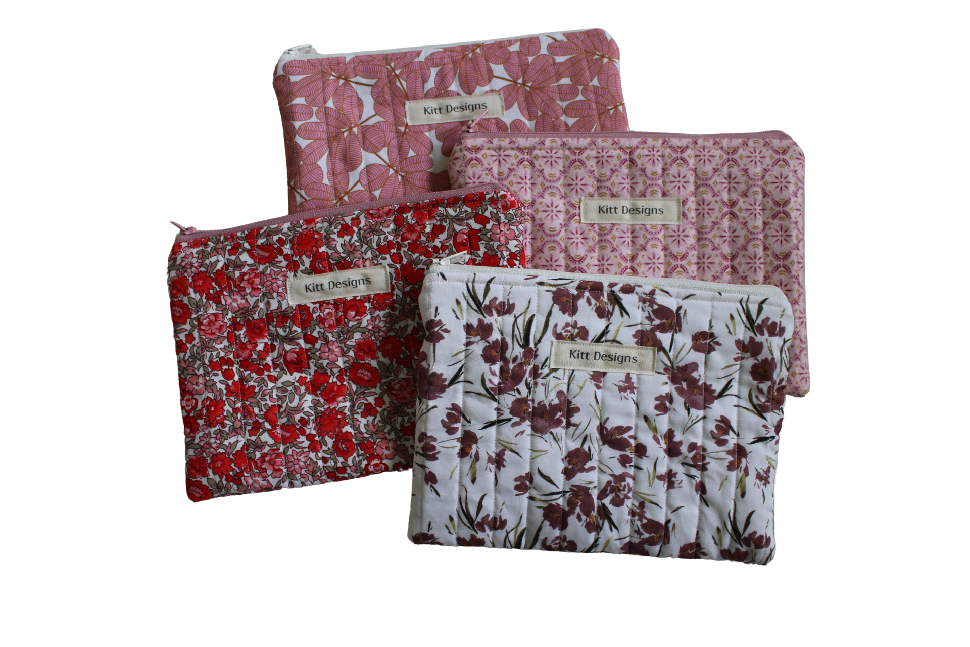 handmade cotton zipper pouch maroon flowers white pink red 