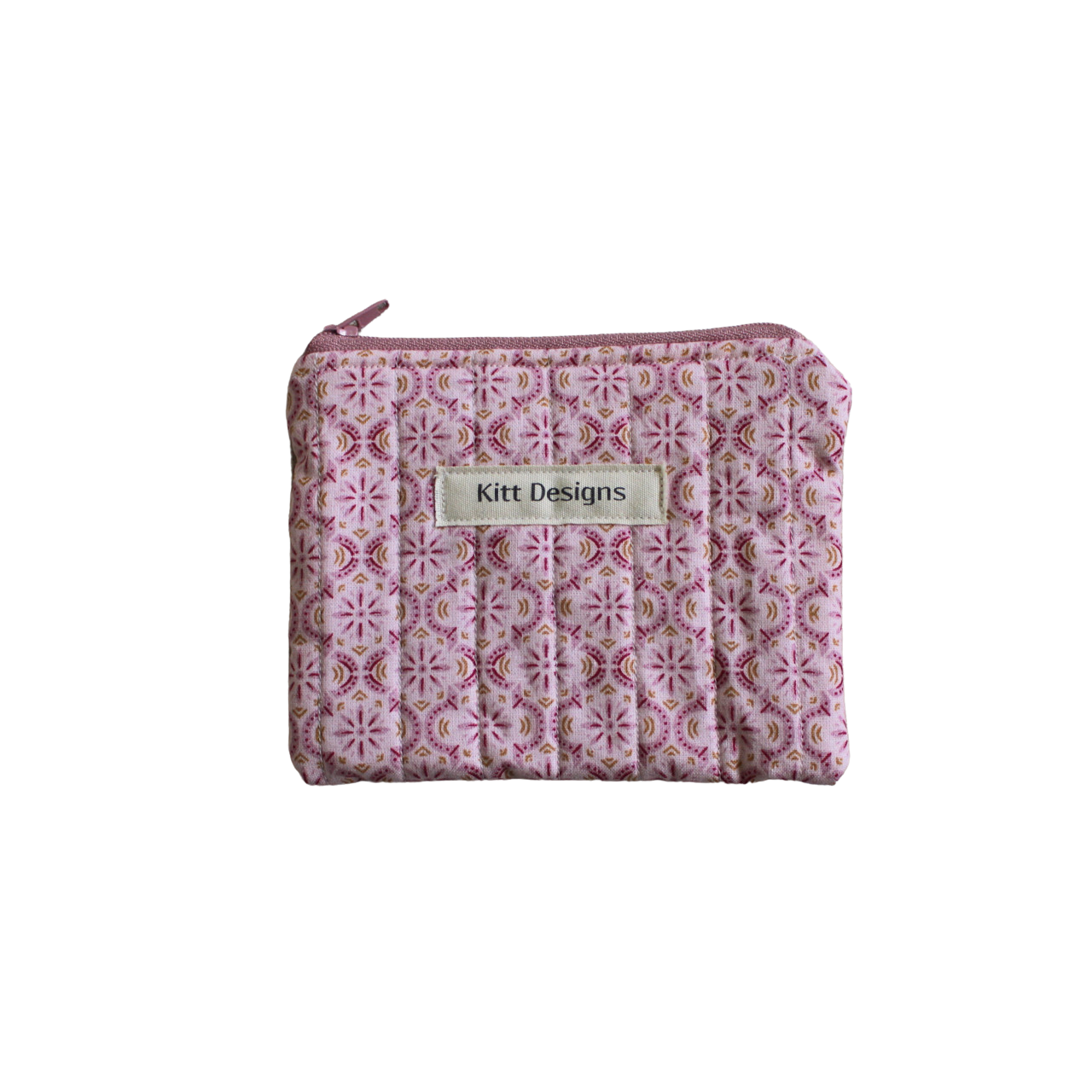Small pink patterned pouch with a brand label coin pouch