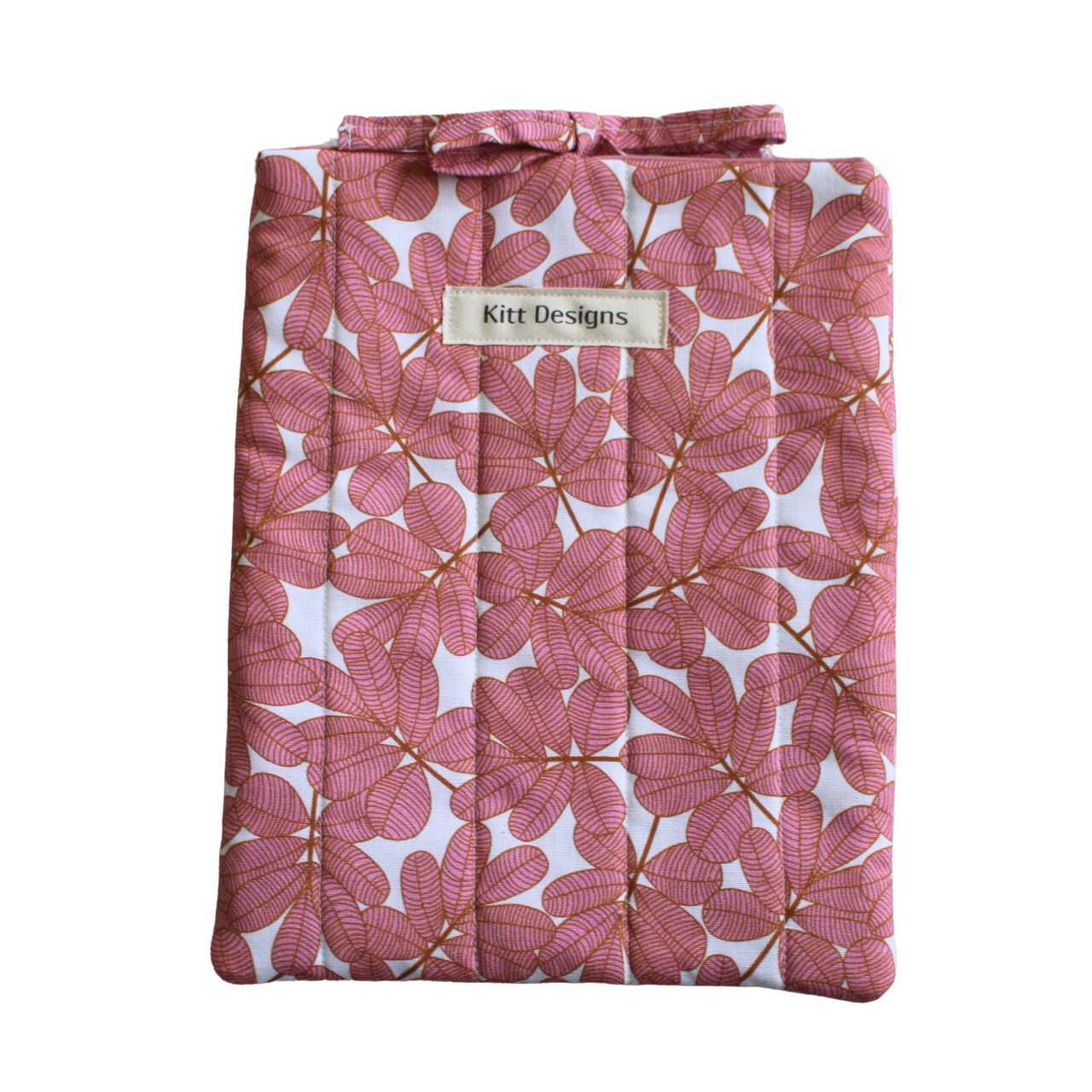 Pink floral-patterned product with a brand label small book sleeve