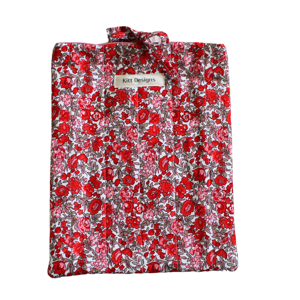 Floral-patterned bag with red flowers on a white background large book sleeve