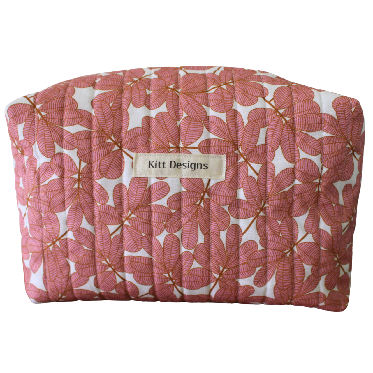 Pink floral-patterned pouch with 'Kitt Designs' label travel pouch