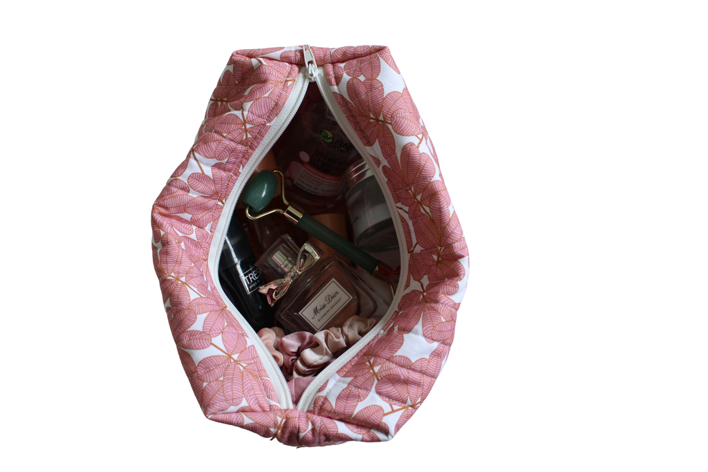 handmade cotton travel pouch pink white leaf