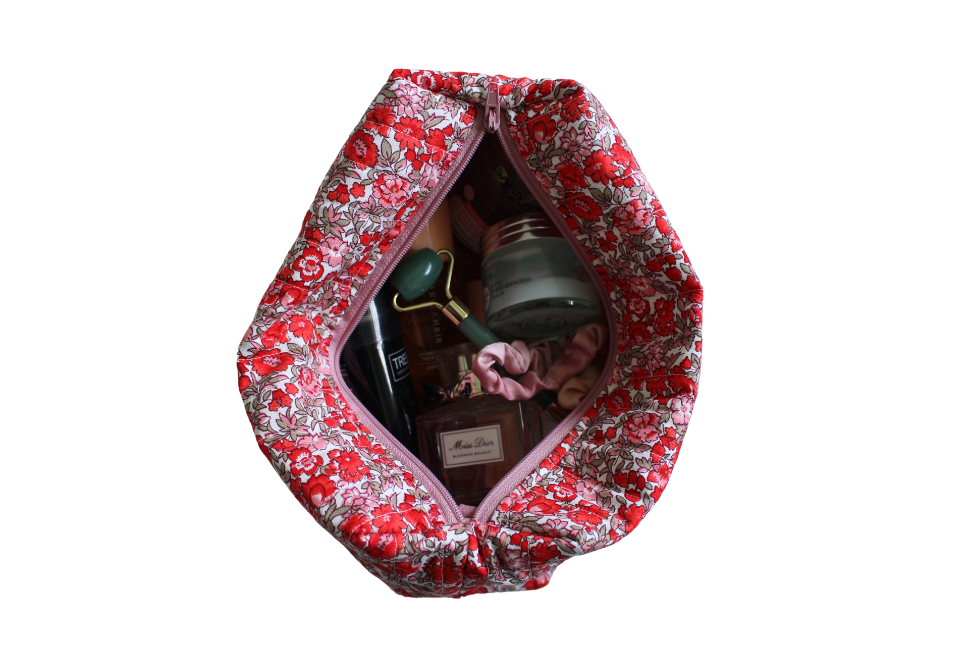 handmade cotton travel pouch pink red flower