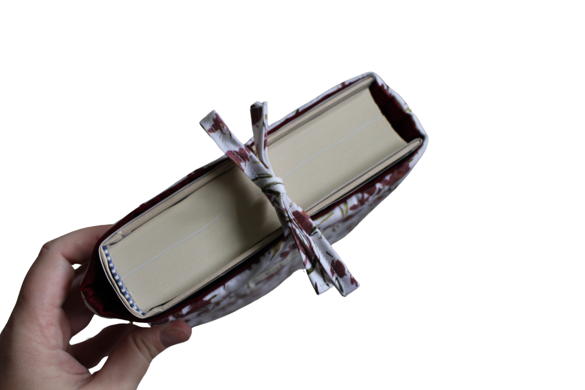 handmade cotton book sleeve tie white maroon flower