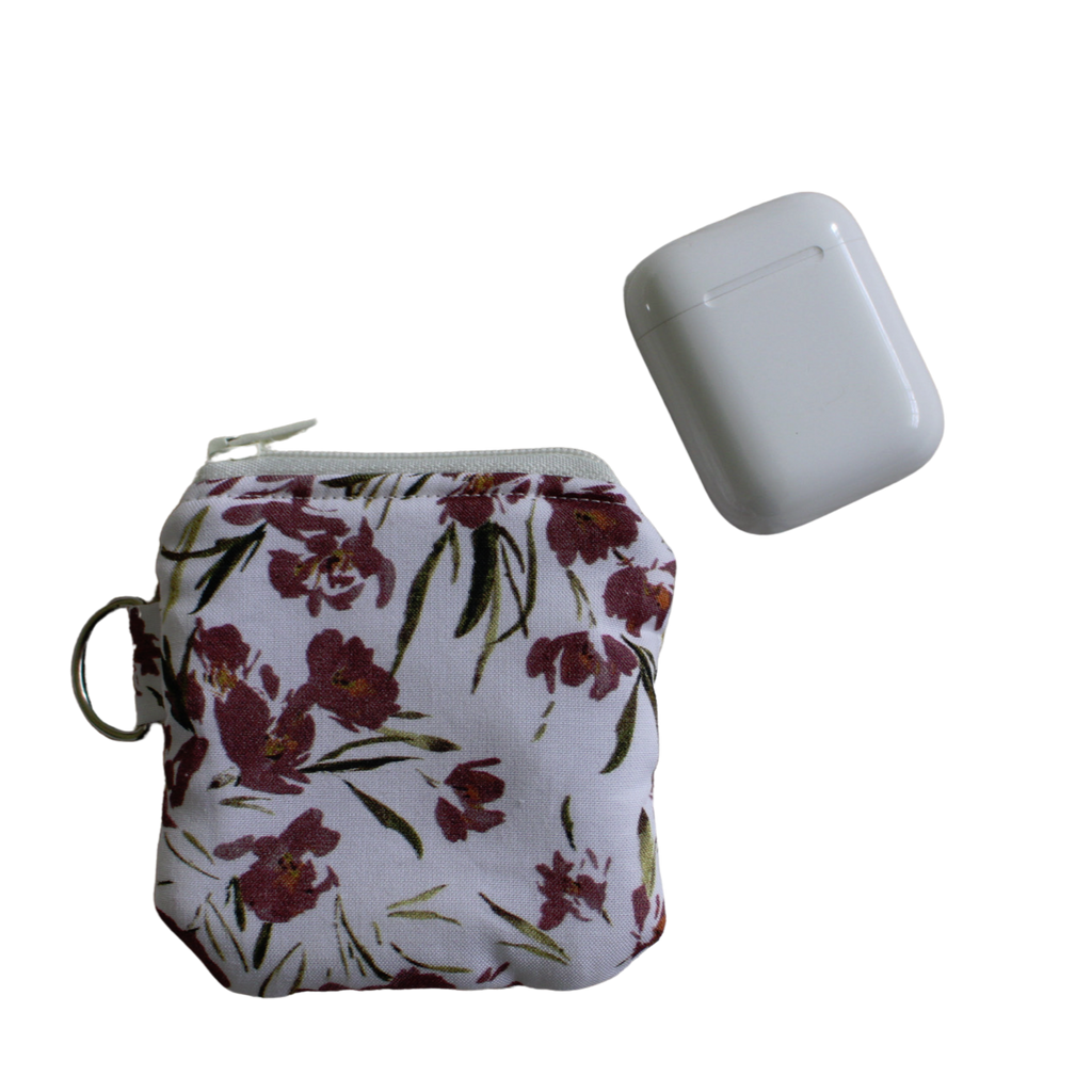 handmade cotton AirPod pouch white maroon flower