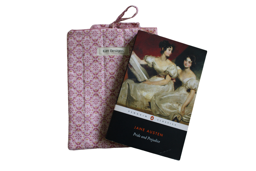 handmade cotton small book sleeve tie pink pride and prejudice