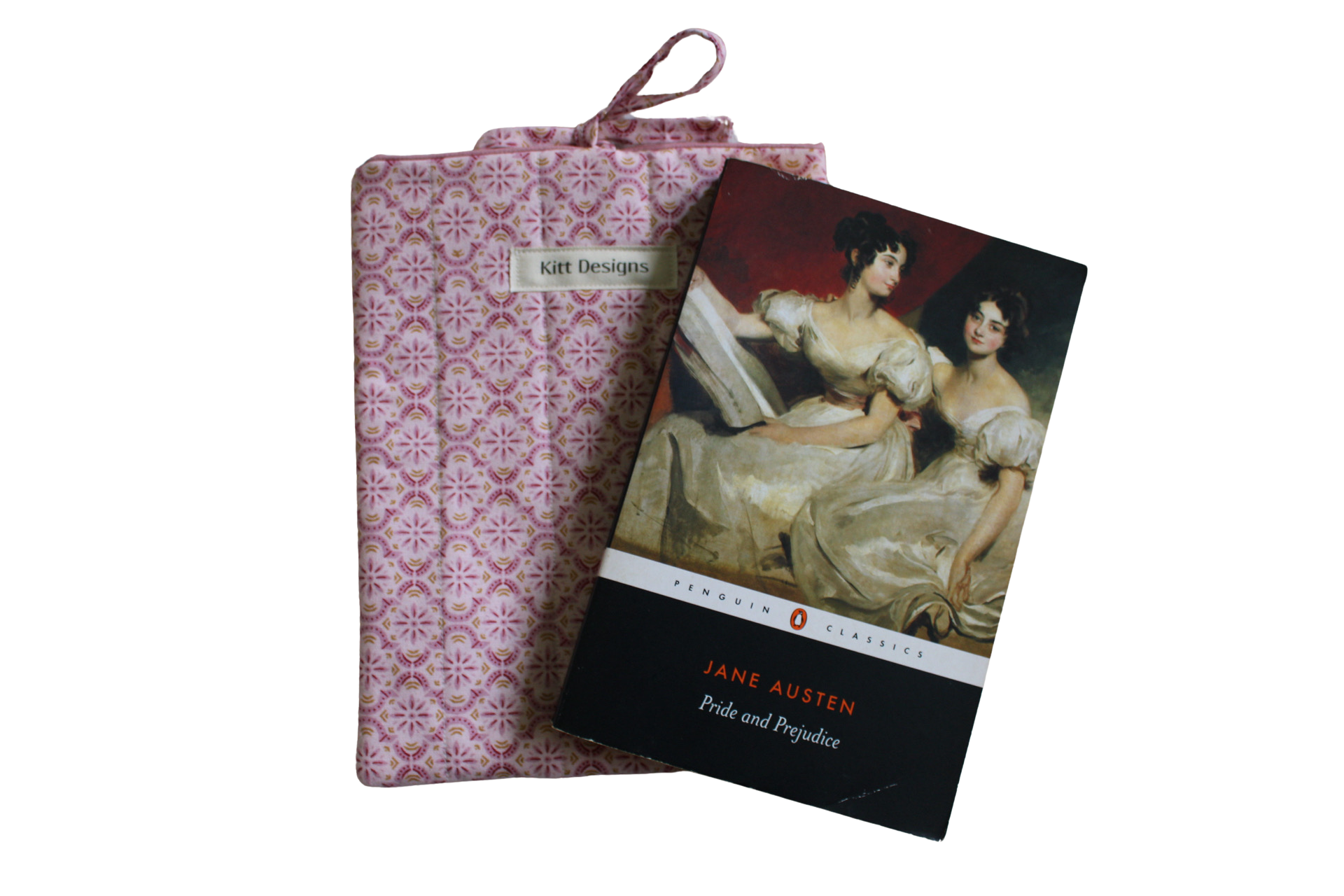 handmade cotton small book sleeve tie pink pride and prejudice