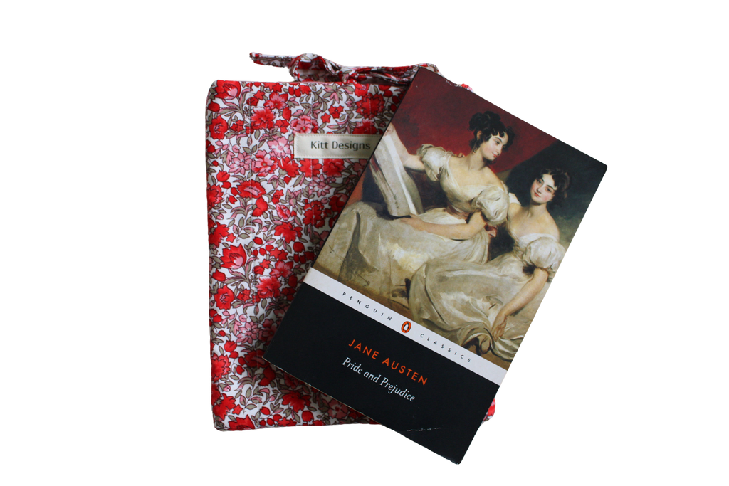 handmade cotton small book sleeve tie pink red flower pride and prejudice 