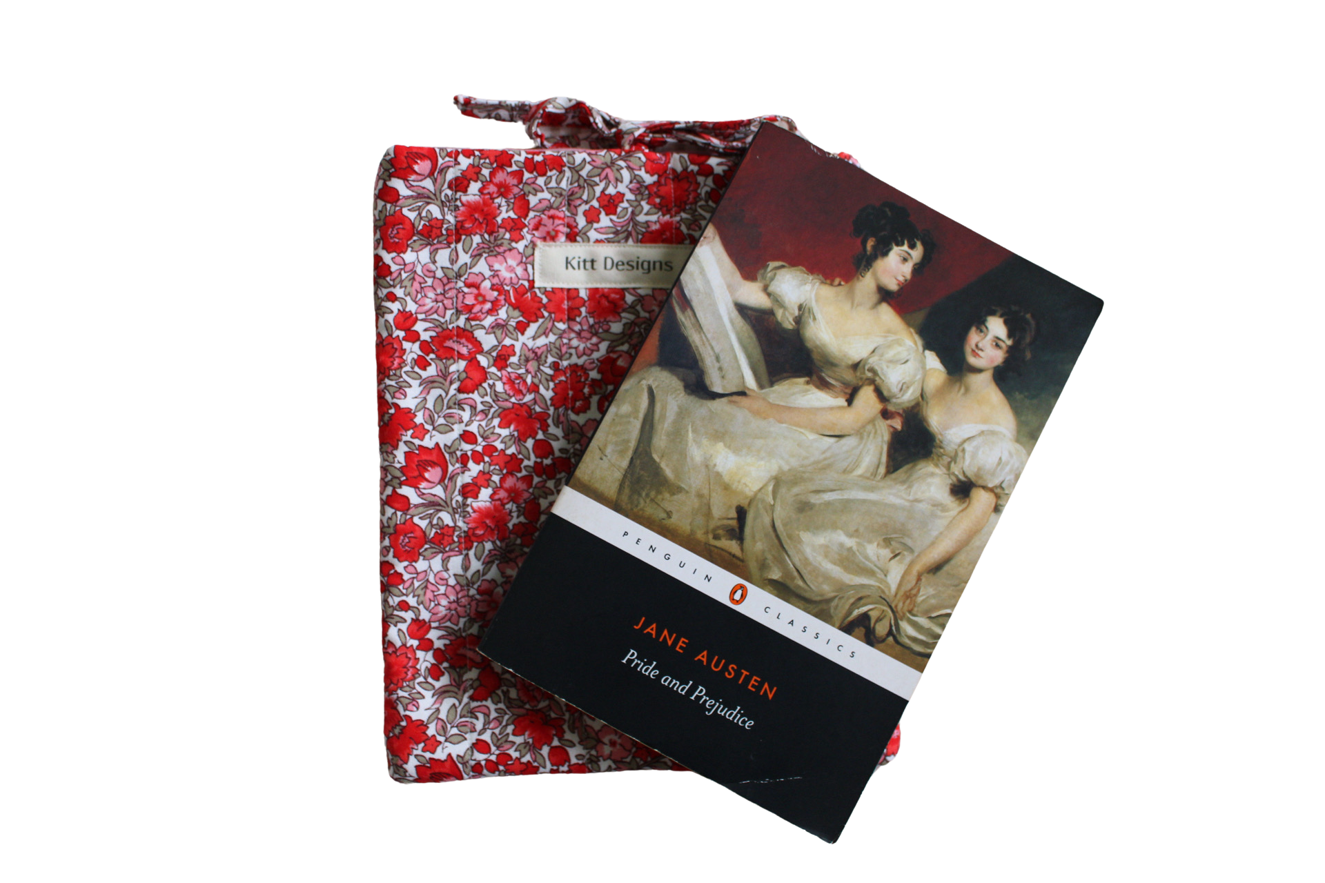 handmade cotton small book sleeve tie pink red flower pride and prejudice 